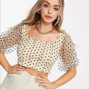 Misguided nude/ black polka dot puff sleeve top